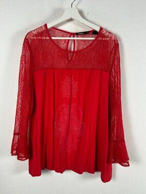 Desigual Womens Red Lace Long Sleeve Mandala Pattern Embroidered Top XXL